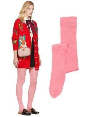 Gucci Chevron Knit Tights Pink Roseate Small NEW Box Included